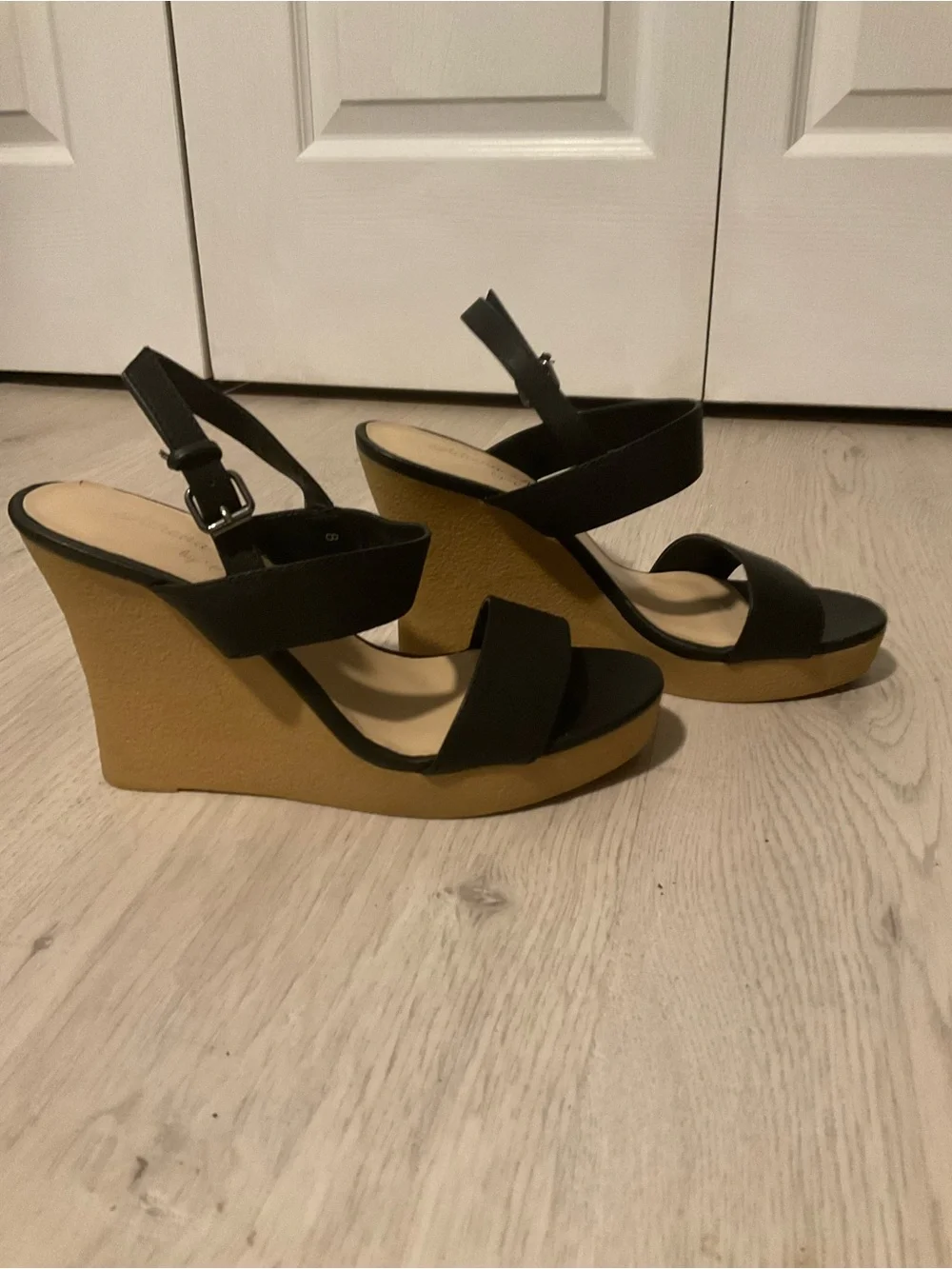 Athena Alexander Black Platform Wedge Sandals with Tan Platform